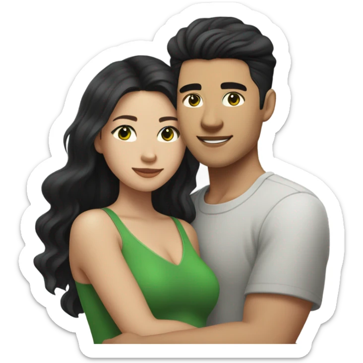 Light skin Asian man with straight black undercut hair and a white brunette woman with green eyes and long wavy hair tightly hugging each other  sticker