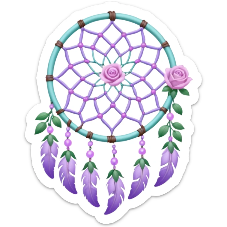 Lavender lilac pastel purple dreamcatcher-suncatcher with lavender flowers and lilac flowers attached, cyan beads, white beads, rose-pink beads, green leaves sticker