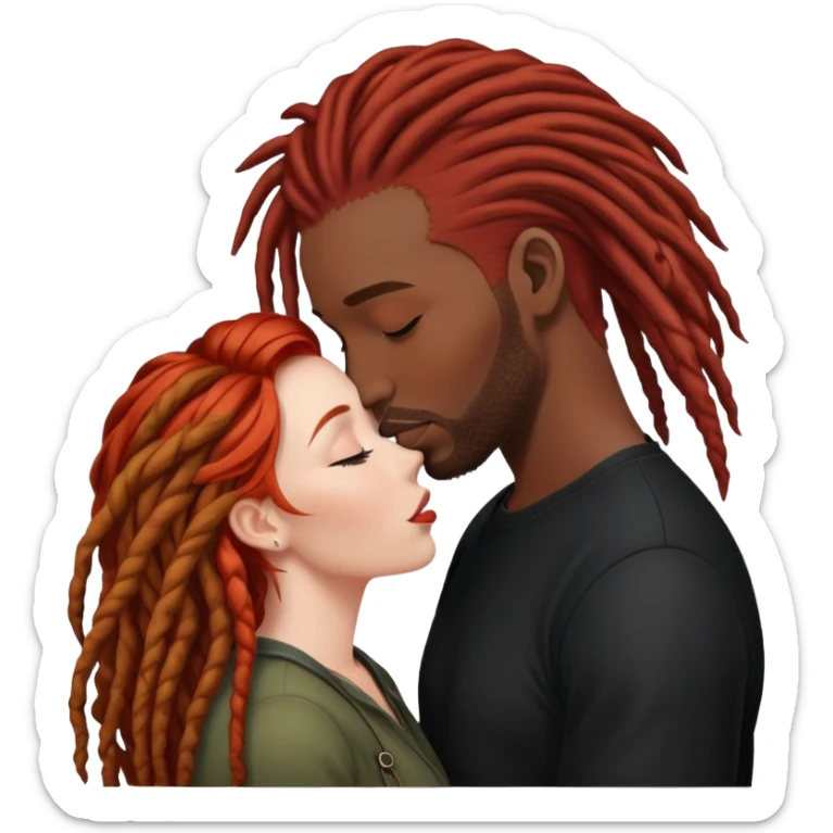 Mulher ruiva, pele branca, beijando um homem negro, com dreads nos cabelos sticker