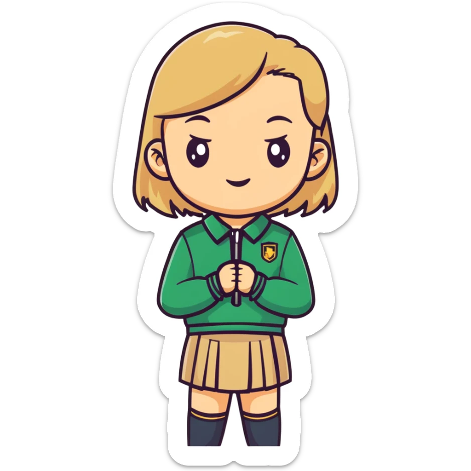 girl in a school uniform wearing a green polo, beige skirt, grey zipper jacket sticker