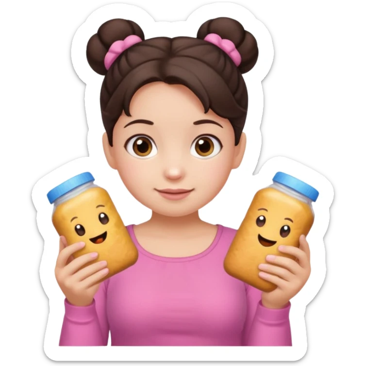 Cute small Toddler emoji with two buns dark brown hair, fair skin, in pink top, holding toddler snacks sticker