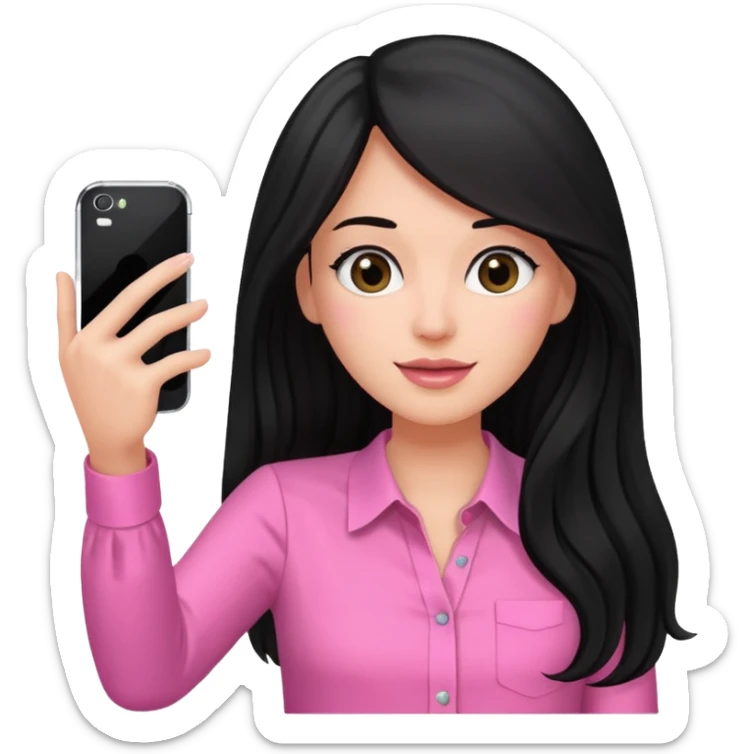 black long haired woman with pink blouse holding her phone having selfie sticker