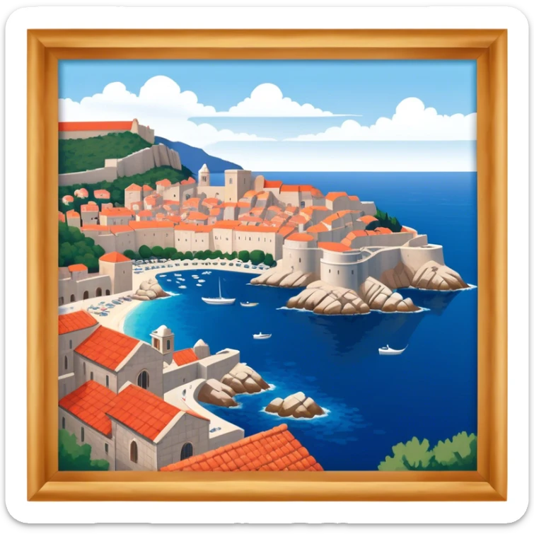Dubrovnik – Cinematic Realistic Dubrovnik, depicted as a stunning coastal city with red-tiled roofs and ancient stone walls, set against the deep blue Adriatic Sea under warm Mediterranean light, rendered with rich textures that capture its enchanting beauty. sticker