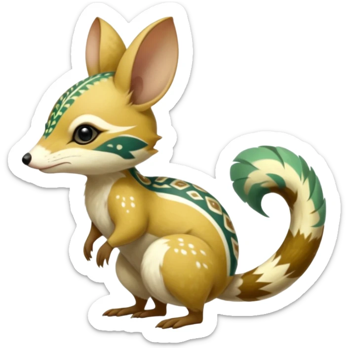 Tropical Exotic Colorful Beige-yellow, Jade-green, white specks, Floral Feathery Numbat-Bilby-Quoll-Furret-Fakémon-furry-fursona-creature (full body) with tribal markings sticker