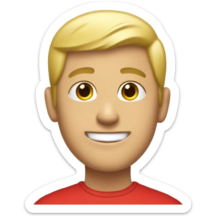 A blonde guy with very short hair wears a red t-shirt and poses with a smile sticker