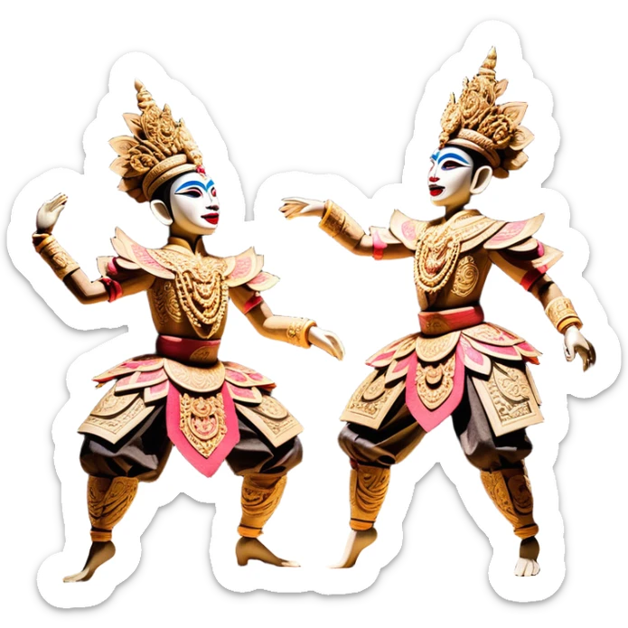 ​Cinematic Realistic Wayang Golek Ayun-ayun Dancers, depicted as intricately carved traditional wooden puppets in dynamic dance poses, adorned with vibrant painted details and expressive features, set against a softly lit stage that evokes centuries of Indonesian cultural heritage, rendered with lifelike textures and dramatic atmospheric lighting, sticker