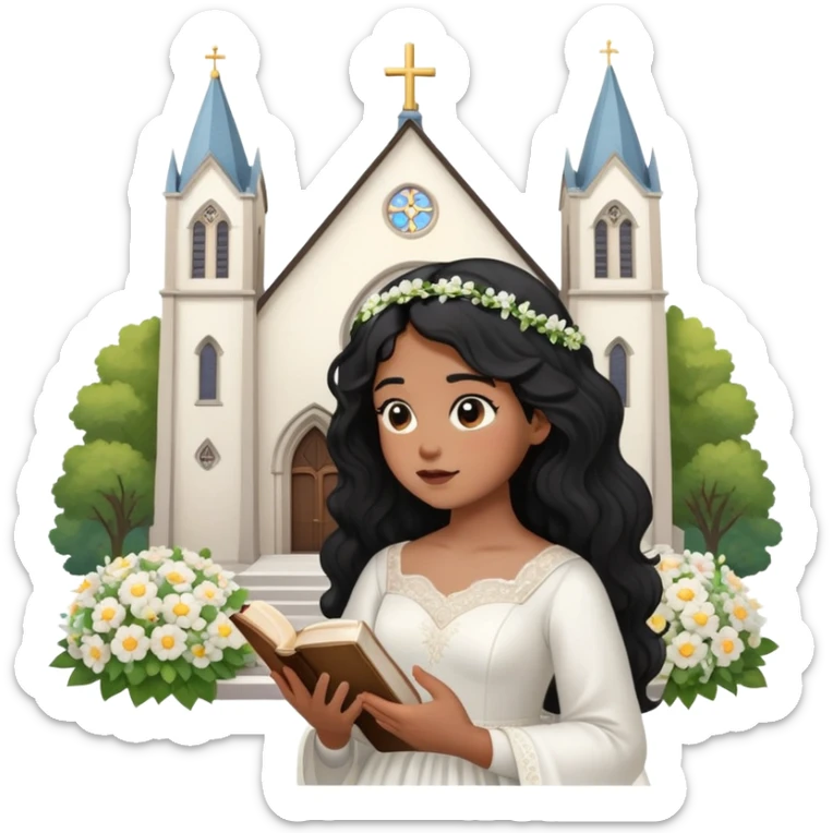 Chica cabello ondulado negro, piel mestiza, con un lunar en el pululo izquierdo, pensado en Dios una biblia , una iglesia, tener una boda, tener hijos, una casa, flores, cantar  sticker
