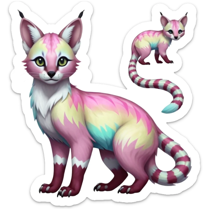 Colorful tropical tribal pale light fruity pastel white glorious iridescent divine exotic cute albino neon vibrant zigzagged cool beautiful fantasy-caracal-civet-genet-sergal-vernid-Gryphon-Cacomistle-Trico-oncilla-animal-Fakémon-hybrid-fursona (full body), facial markings,  sticker