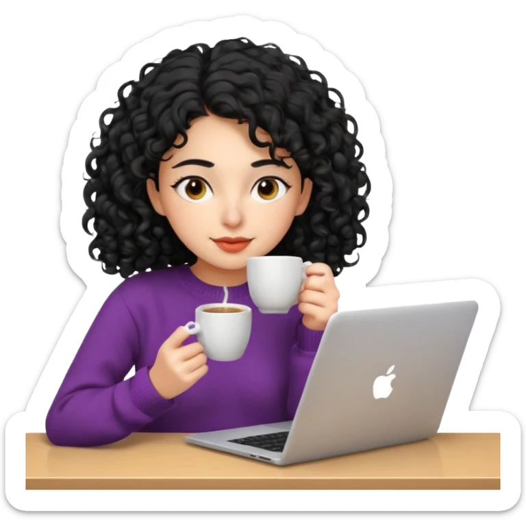 young Persian woman, 20 years old, black curly hair, wearing a sweater, sipping coffee while looking at a laptop, relaxed mood, 3D Apple emoji style sticker