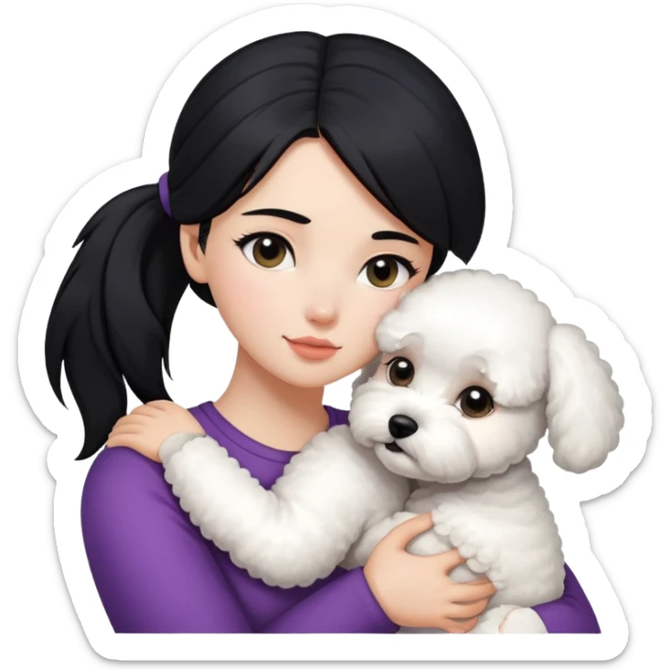 One long face girl with straight black hair in a ponytail，hugging one Bichon frise sticker