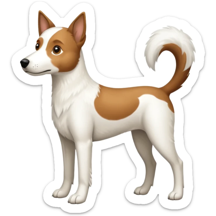a full body large white parson russell looking dog the size of a kelpie with light brown ears and a light brown patch on one eye and a large snout sticker
