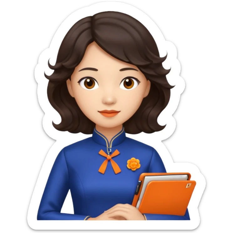 Teacher emoji but : wavy dark brown hair, light skin, no glasses, dark eyes, with a computer folder in the hand (color is orange), being a teacher, wearing a chinese qipao ( dark blue)


 sticker