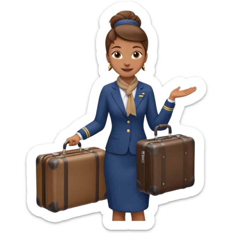 flight attendant, Light Brown skin, brown hair in single bun, neck scarf, suitcase sticker