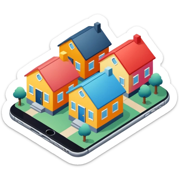 group of 3 houses representing neighborhood isometric houses on transparent background iphone like sticker