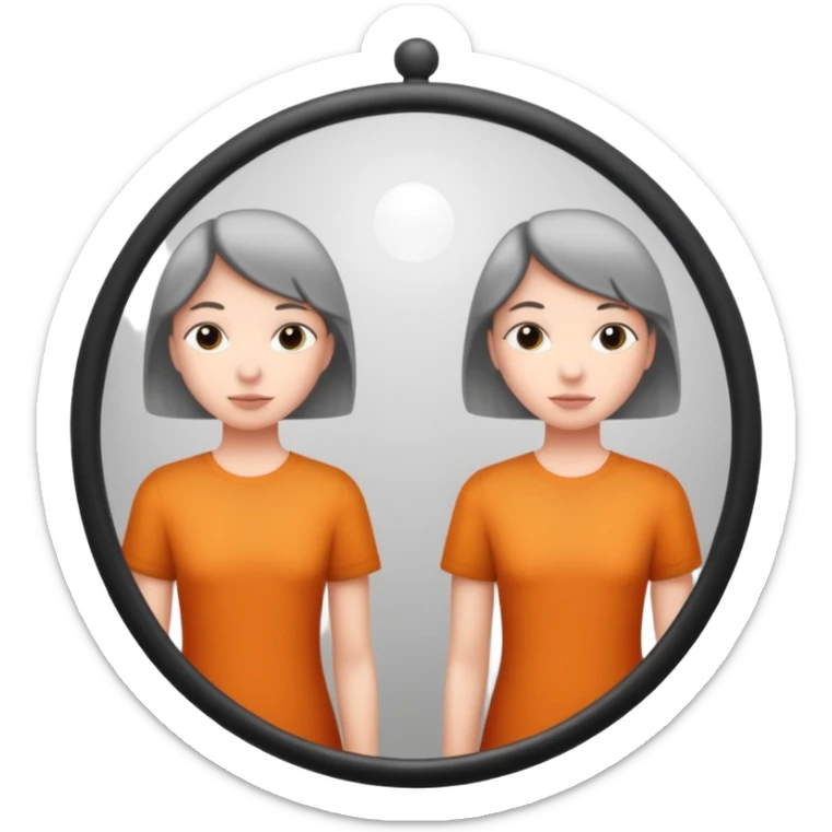 Minimalist emoji-style sticker of a person standing before a mirror, but the reflection is moving differently. Black and gray icon.
 sticker