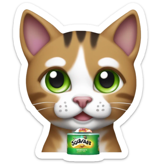 sokoke cat with a white torso and marbeled colors on his face (brown, black and with green eyes) smiling and closing an eye. Holding with a paw a whiskas cat food sachet sticker