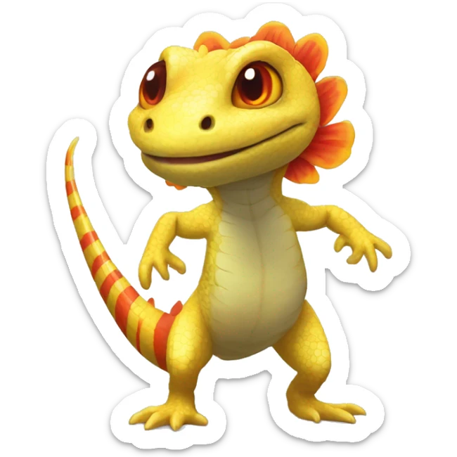 A Yellow Shiny Anthro-Scalie-Lizard-Reptile-Salamander-Fakémon with red stripes and orange frills Full Body sticker