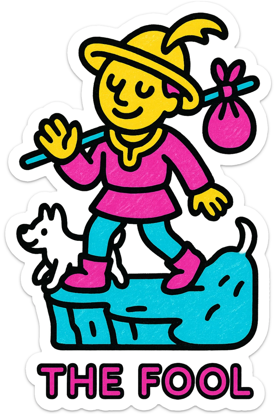 The Fool tarot card emoji, whimsical traveler with a small bag, white dog, cliff, vibrant detailed style sticker