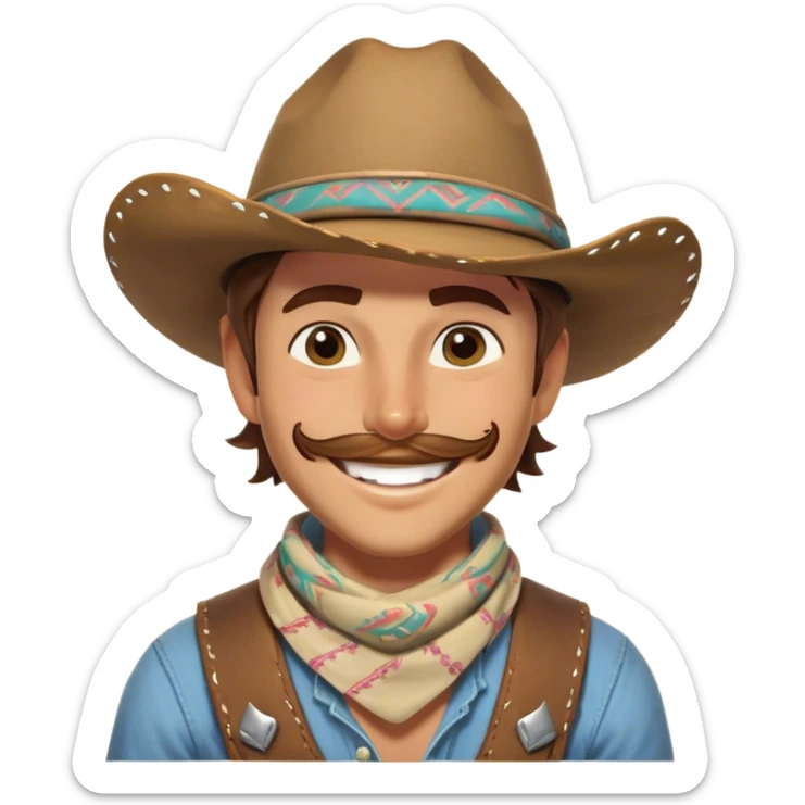 Clash of Clans aesthetic Playful Cowboy Portrait Emoji, Head tilted with a roguish, cheeky grin and twinkling eyes, featuring a compact, charming build with a jaunty hat and a friendly bandana, his natural skin tone adding authenticity, Simplified yet irresistibly charming features, highly detailed, glowing with a warm, inviting western glow, high shine, spirited and lively, stylized with an air of whimsical frontier mischief, soft glowing outline, capturing the essence of a playful cowboy exuding friendly rogue charm! sticker