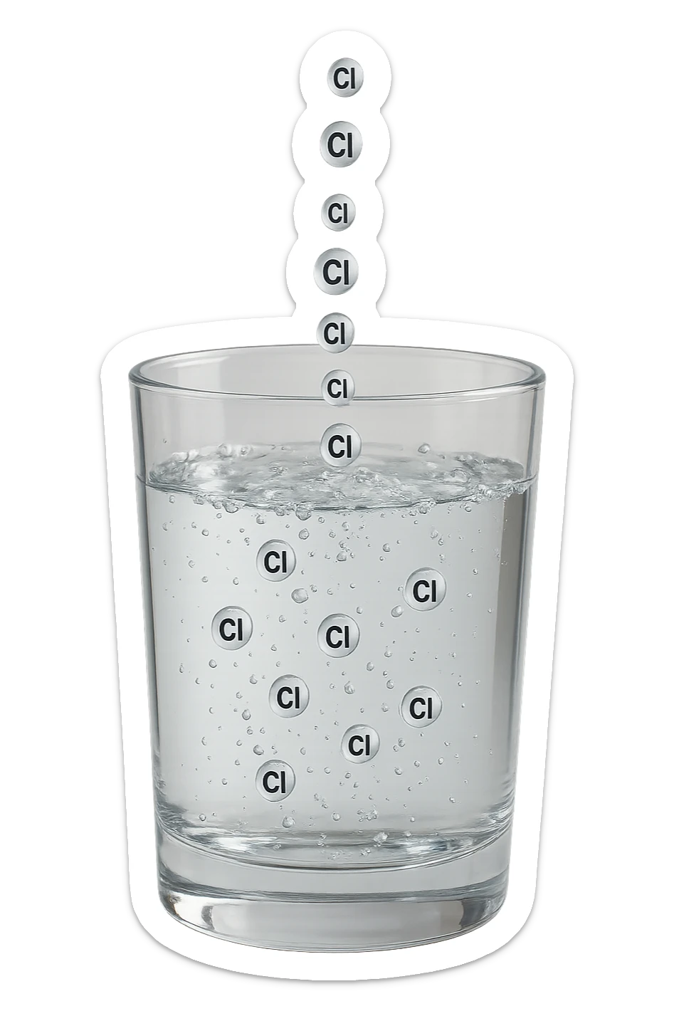 un bicchiere di acqua fluttua in aria realistico e dettagliato, dentro l'acqua del bicchiere ci sono particelle di cloro ben visibili con la scritta "Cl" sopra, ci sono particelle anche che escono dal bicchiere e fluttuan
o in aria verticalmente, mentre alcune sono all'interno dell'acqua nel bicchiere, iperrealistico 4k sticker