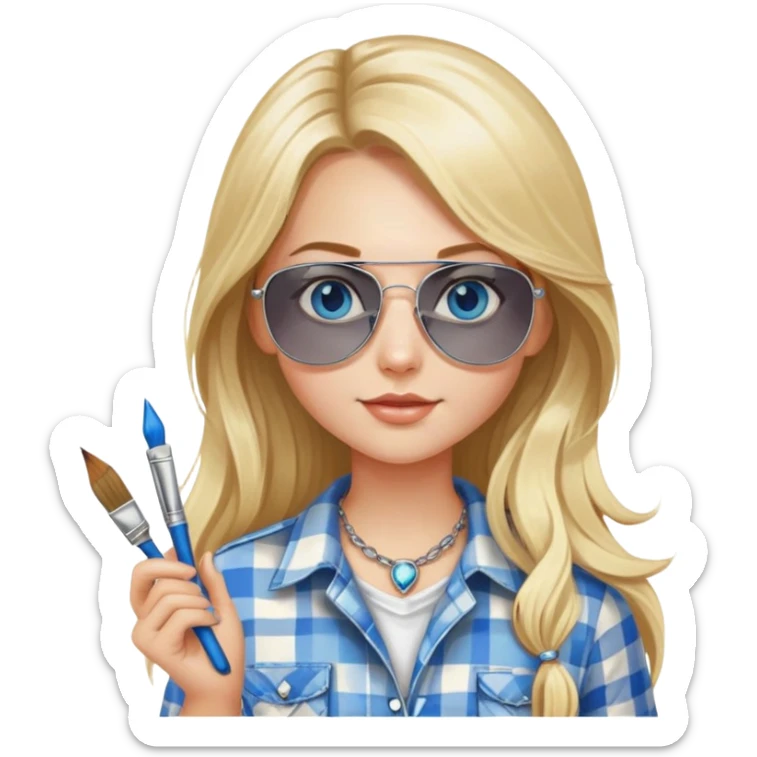 girl with long blond hair, wearing plaid shirt with blue eyes and aviator sunglasses wearing a ring on her silver necklace, holding a paint brush sticker