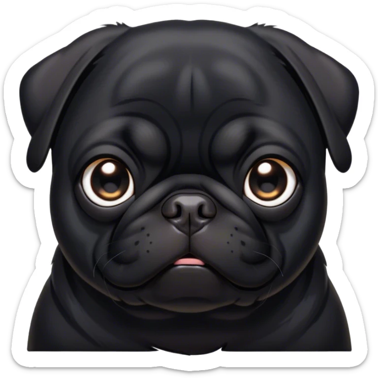 Cinematic Noble Black Pug Portrait Emoji, Poised and regal, with a compact, sturdy build and a sleek, shiny pure black coat, deep-set soulful dark eyes, Simplified yet sharp and sophisticated features, highly detailed, glowing with a soft, dignified glow, high shine, intelligent and spirited, stylized with an air of confidence, focused and attentive, soft glowing outline, capturing the essence of a watchful and commanding companion, so majestic it feels as though it could prance out of the screen with effortless authority! sticker