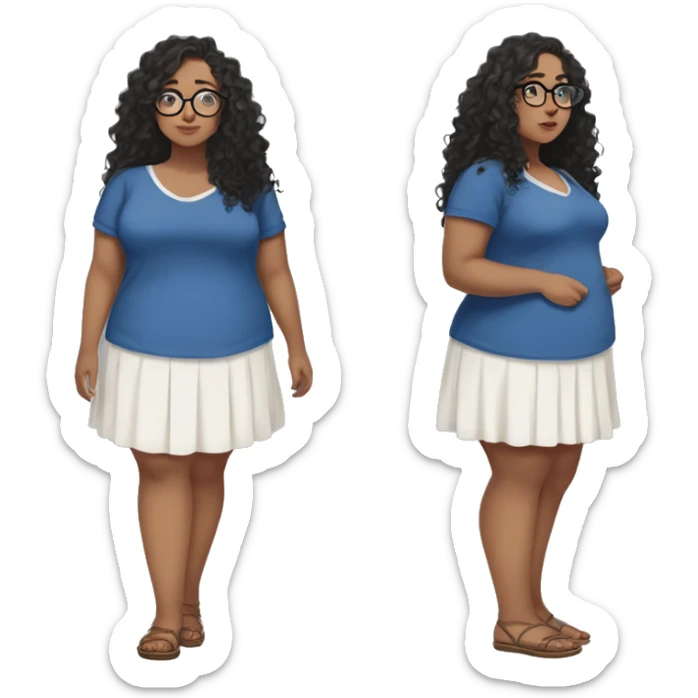 full length anime plus size girl in a blue sundress, glasses with big hazel eyes and white skin and curly black long hair and aristocratic high cheekbones sticker