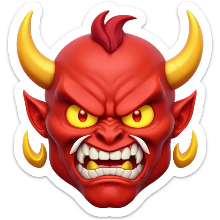Muscular red demon emoji, 3D cartoon style, angry face, glowing eyes, unique horns. sticker