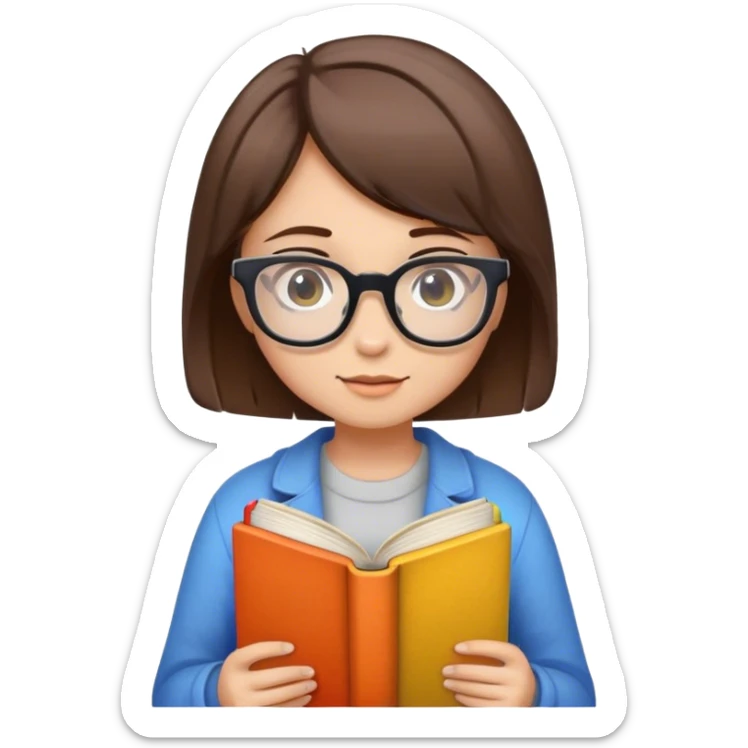 girl with short brown hair, wearing glasses and holding a book sticker
