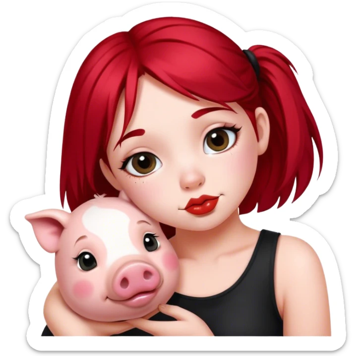 Girl with black and red hair split dyed down the middle. She is kissing a cute pig  sticker