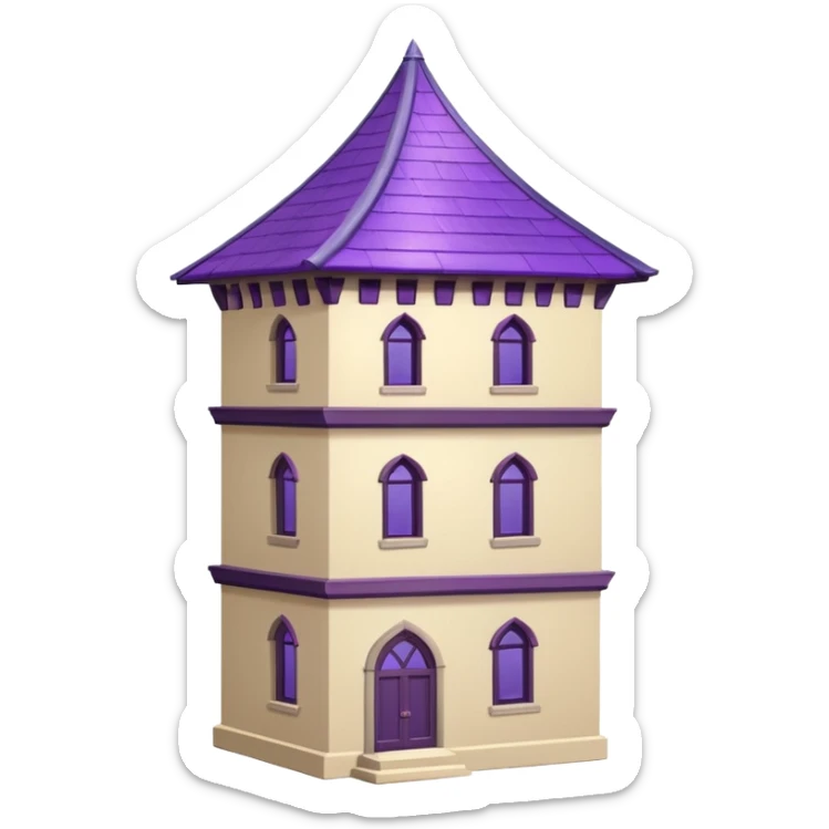 a single tall seclusion tower with large windows above, a purple roof and cream walls, and no entrance sticker