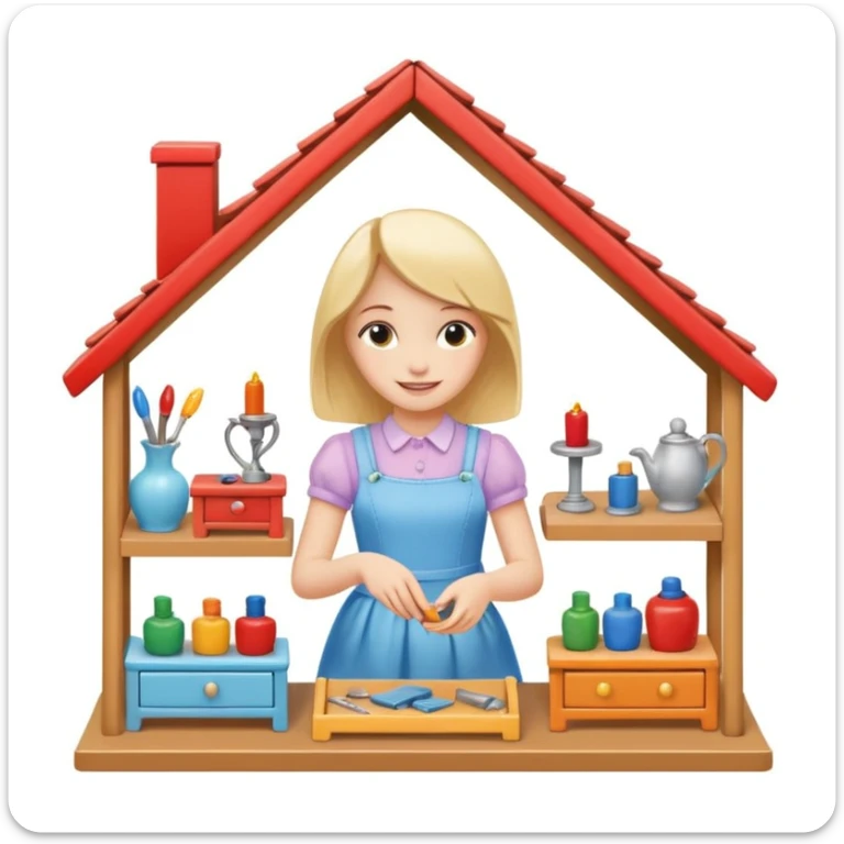 smiling girl arranging furniture in doll house sticker