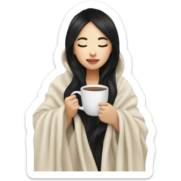 Asian girl inside a blanket sipping coffee eyes closed black hair sticker