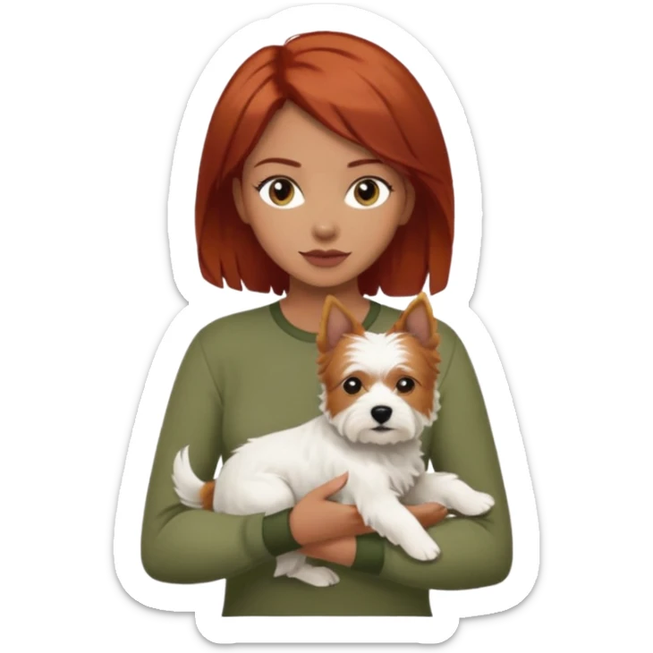 Westhighland white terrier dog being held by woman with dark shoulder length red hair and hazel eye wearing olive green top sticker
