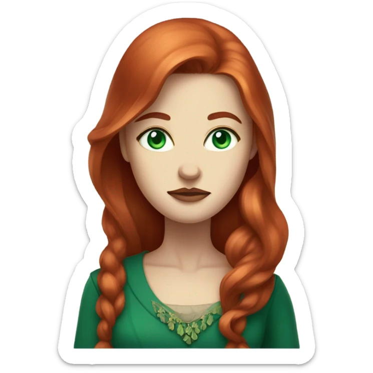 Rich woman, red long hair,  pale-skin, emerald blue-green-eyes,  scowling sticker