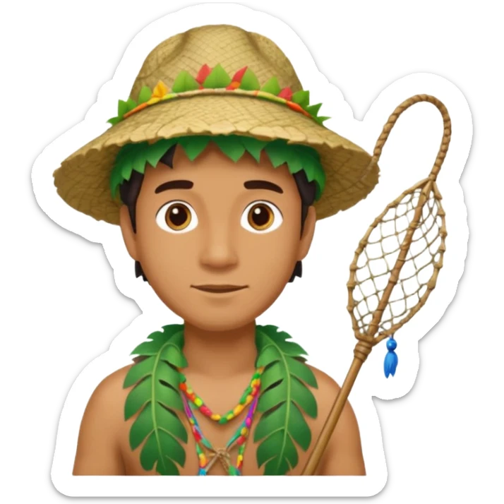 Hawaiian man with leaf hat and fishing net and colorful cloth sticker