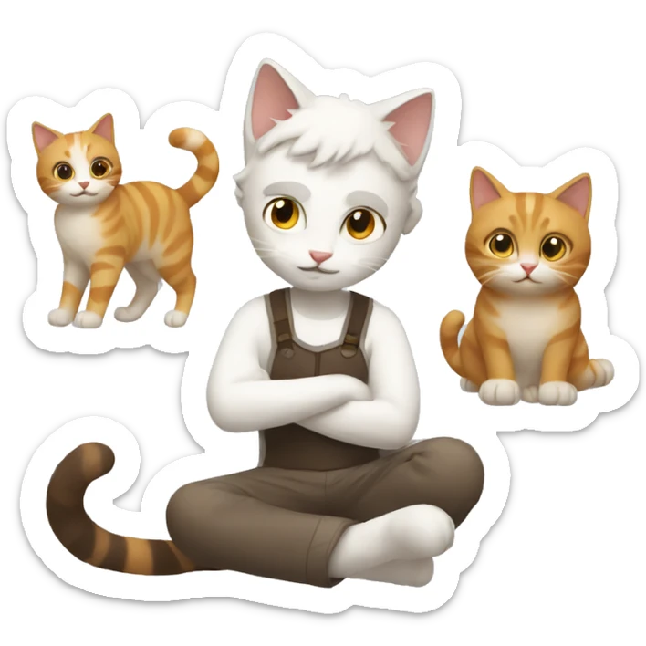 A man playing with one of chaos cat and one of white brown cat. sticker