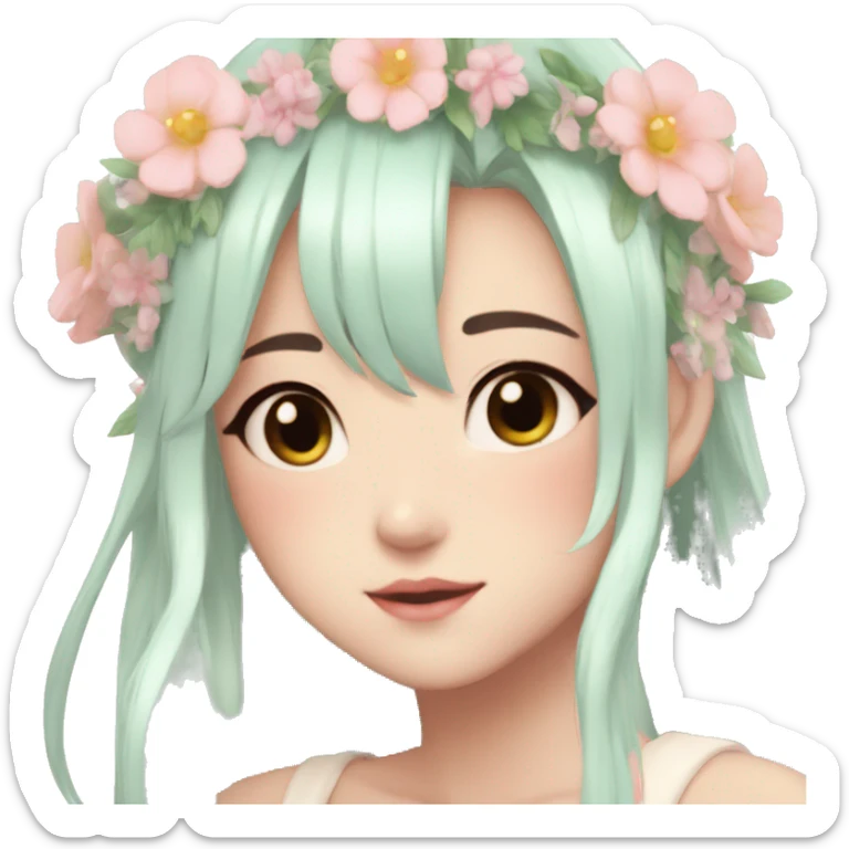 Shiny Gorgeous Pastel Anime Lady with blushing face and pretty hair with a flower crown aesthetic trending style sticker