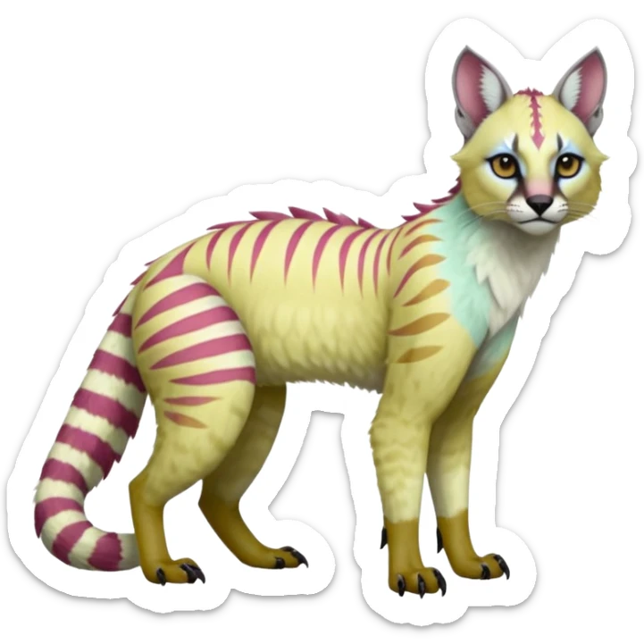 Realistic Colorful tropical tribal pale light fruity pastel exotic albino neon vibrant zigzagged fantasy-caracal-civet-genet-sergal-vernid-Gryphon-Cacomistle-Trico-oncilla-animal-Fakémon-hybrid-fursona (full body), facial markings, (realism style) sticker