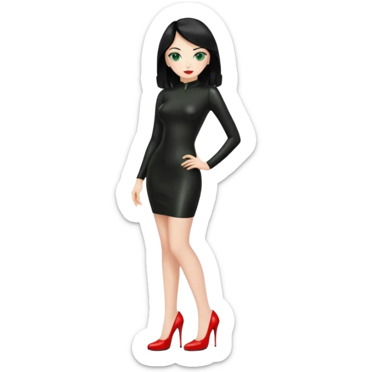 🕵🏻‍♀️💦🧥 black hair , green eyes , full body , red high heels , black latex dress , sticker