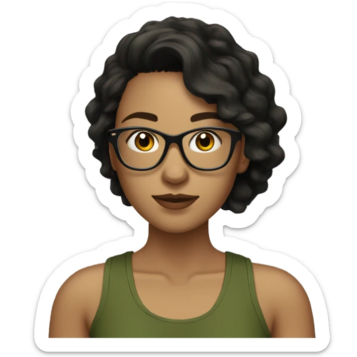white skined woman with wavy black hair with a olive green tank top with glasses tortoise  sticker