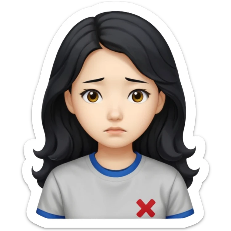  Korean female college student with a worried face , long wavy hair ,no glasses  sticker