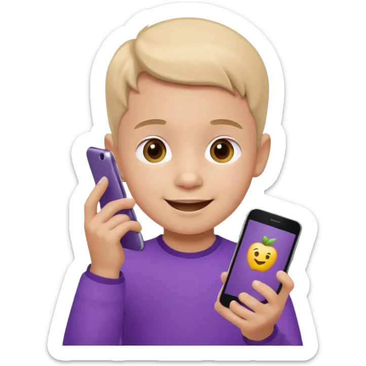 happy little kid with a phone, purple shirt, apple style emoji sticker