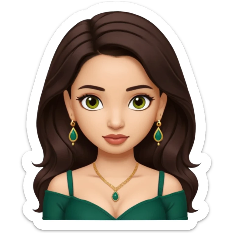 pretty bratz genmoji that looks like tamannah bhatia (bollywood actress), wearing a dark green sweetheart neckline top, dark brown hair, light makeup, no necklace, dangly earrings, side hair part, dark brown eyes, with tattoos sticker