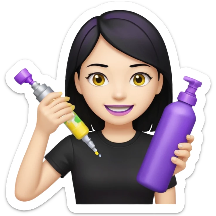 a girl with black hair, black t-shirt, yellow teeth, holding only a purple and silver spray bottle, no other objects, genmoji emoji style, reference the attached can sticker
