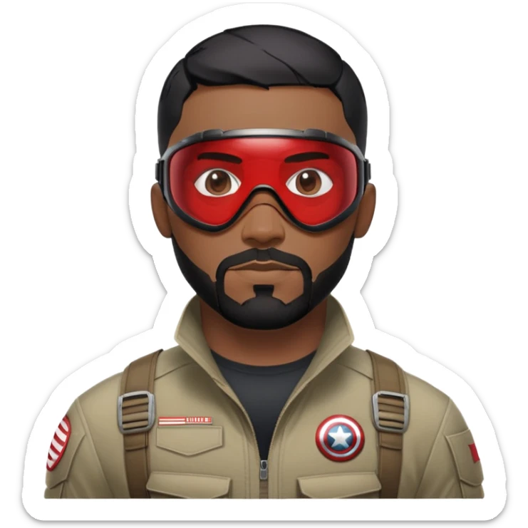 sam wilson have a short, neatly cropped black hair. It is evenly trimmed and close to the scalp, maintaining a clean and military-inspired and  a well-groomed beard that connects to his mustache,  wear sleek, red-tinted tactical goggles fit snugly from captain america: civil war sticker