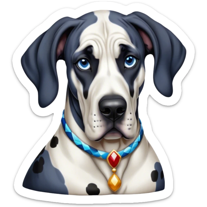 Cinematic Noble Harlequin Great Dane Portrait Emoji, Poised and regal, with a towering, muscular build and a striking coat of predominantly white with bold black patches, deep-set soulful blue eyes, Simplified yet sharp and sophisticated features, highly detailed, glowing with a soft, dignified glow, high shine, intelligent and loyal, stylized with an air of majesty, focused and attentive, soft glowing outline, capturing the essence of a watchful and confident guardian, so majestic it feels as though it could stride out of the screen with effortless authority! sticker