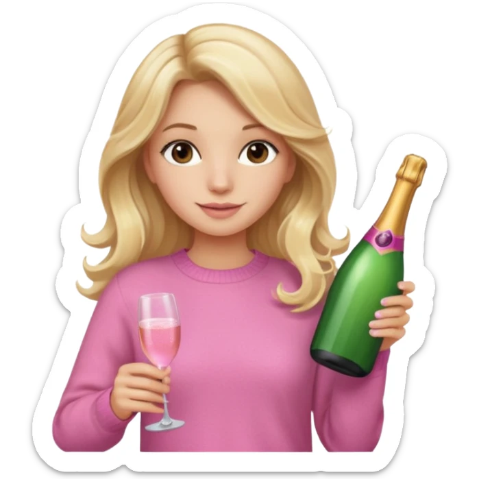 girl with long blonde wavy hair, pink sweater and brown eyes with bottle of pink champagne sticker