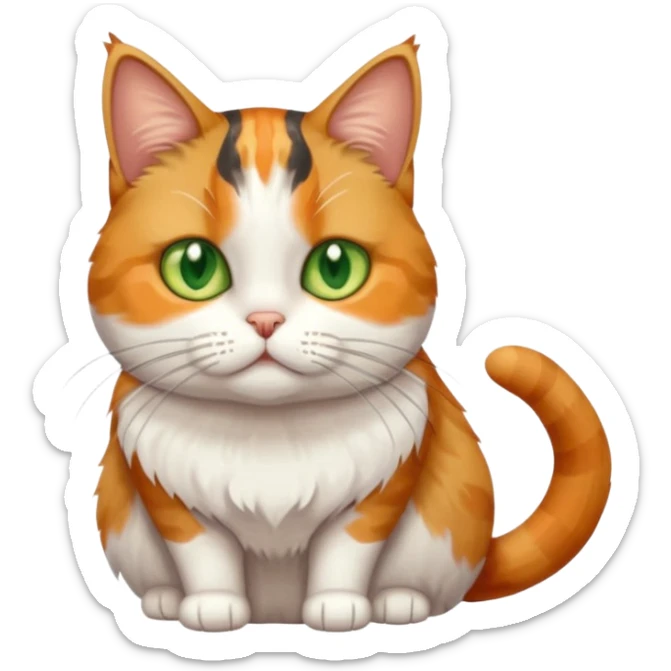 full body calico tabby cat with skinny head and fat body with an anxious face sticker