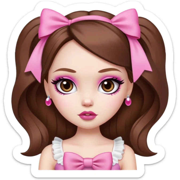 pretty bratz baddie, pale skin, brown hair, pink bow, cute sticker